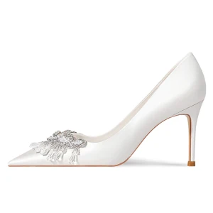 Chic Beautiful Ivory Satin Rhinestone Wedding Shoes 2023 Leather 8 Cm Stiletto Heels Pointed Toe Wedding Pumps High Heels
