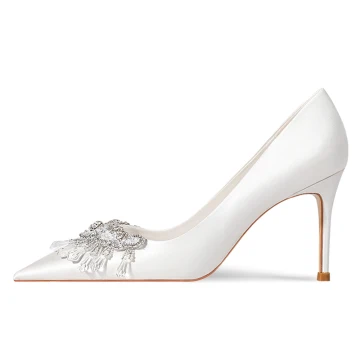 Chic Beautiful Ivory Satin Rhinestone Wedding Shoes 2023 Leather 8 Cm Stiletto Heels Pointed Toe Wedding Pumps High Heels
