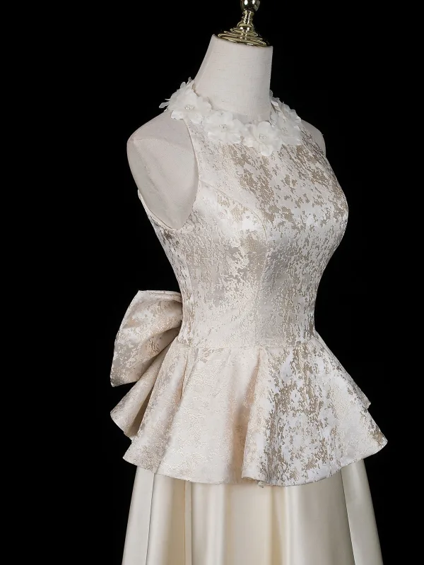 Élégant Champagne Appliques Noeud Robe De Soirée 2026 Princesse Col Haut Sans Manches Longue Soirée Robe De Ceremonie