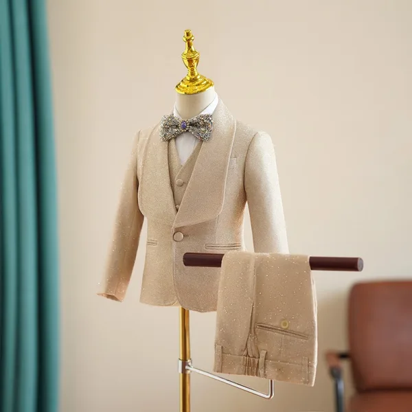 Champagne 5-piece Long Sleeve Boys Wedding Suits 2025 Coat Pants Shirt Tie Vest Wedding