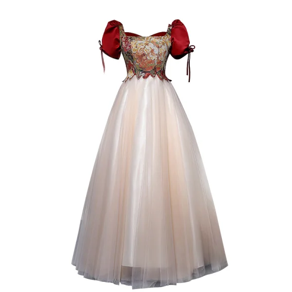 Elegant Burgundy Prom Dresses 2022 A-Line / Princess Square Neckline Puffy Short Sleeve Printing Backless Bow Floor-Length / Long Formal Dresses