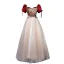 Elegant Burgundy Prom Dresses 2022 A-Line / Princess Square Neckline Puffy Short Sleeve Printing Backless Bow Floor-Length / Long Formal Dresses