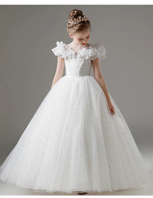 Fashion White Star Sequins Lace Butterfly Wedding Flower Girl Dresses 2023 Ball Gown Scoop Neck Short Sleeve Floor-Length / Long
