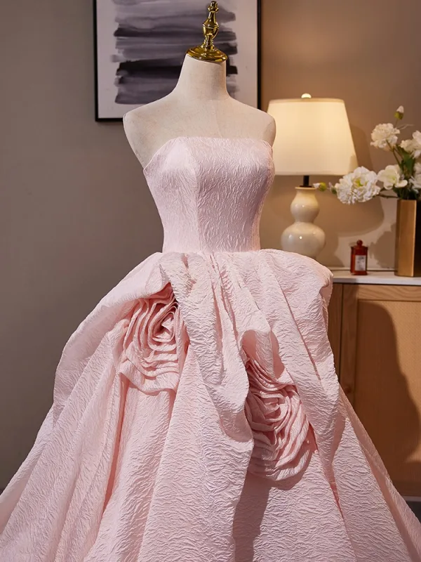 Fashion Blushing Pink Flower Prom Dresses 2024 Ball Gown Strapless Sleeveless Backless Sweep Train Prom Formal Dresses