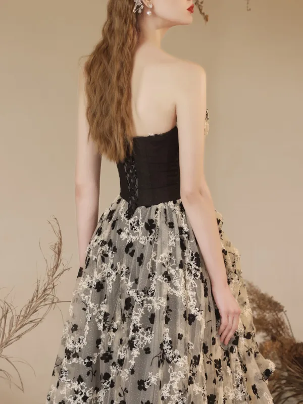 Fashion Black Flower Summer Evening Dresses 2023 A-Line / Princess Strapless Sleeveless Backless Floor-Length / Long Evening Party Formal Dresses