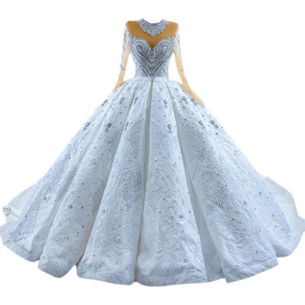 Luxury / Gorgeous Sparkly White Handmade Beading Pearl Rhinestone Sequins Wedding Dresses 2022 Ball Gown Scoop Neck Long Sleeve Backless Royal Train