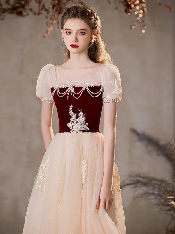 Chic / Beautiful Burgundy Beading Lace Flower Pearl Sequins Prom Dresses 2024 A-Line / Princess Square Neckline Short Sleeve Backless Floor-Length / Long Prom Formal Dresses