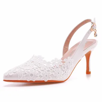 Chic Belle Blanche Été En Dentelle Fleur Chaussure De Mariée 2022 7 Cm Talons Aiguilles À Bout Pointu Mariage Sandales Talons Hauts