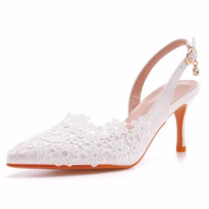 Chic Beautiful White Summer Lace Flower Wedding Shoes 2022 7 Cm Stiletto Heels Pointed Toe Wedding Sandals High Heels