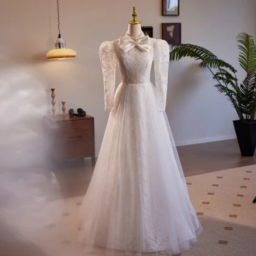 Vintage Retro Ivory Lace Flower Wedding Dresses 2024 A Line Princess High Neck Beading Pearl Bow Long Sleeve Backless Floor Length Long