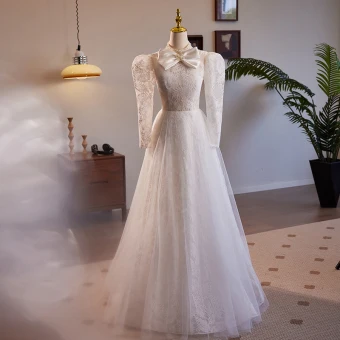 Vintage Retro Ivory Lace Flower Wedding Dresses 2024 A Line Princess High Neck Beading Pearl Bow Long Sleeve Backless Floor Length Long
