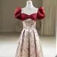 Elegant Burgundy Printing Satin Prom Dresses 2023 A-Line / Princess Square Neckline Bow Puffy Short Sleeve Backless Floor-Length / Long Formal Dresses