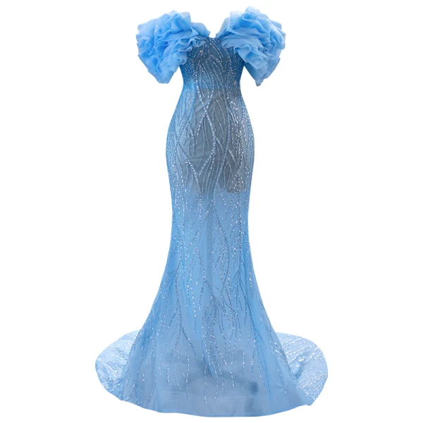 High-end Sparkly Sky Blue Glitter Sequins Prom Dresses 2023 Trumpet / Mermaid Off-The-Shoulder Ruffle Short Sleeve Backless Sweep Train Prom Formal Dresses