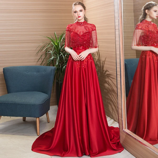 Luxury / Gorgeous Grey Pierced Evening Dresses  2018 A-Line / Princess High Neck Cap Sleeves Beading Crystal Tassel Cathedral Train Ruffle Backless Formal Dresses