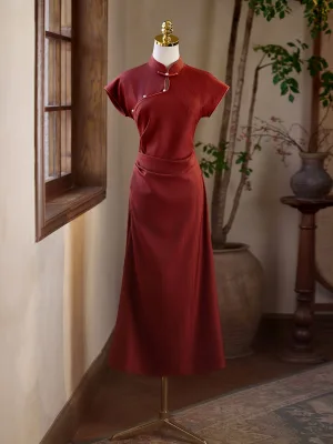 Vintage Originale Bordeaux Soirée Cheongsam 2025 Princesse Col Haut Manches Courtes Longue