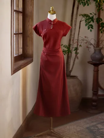 Vintage Retro Burgundy Evening Party Cheongsam 2025 A Line Princess High Neck Short Sleeve Floor Length Long
