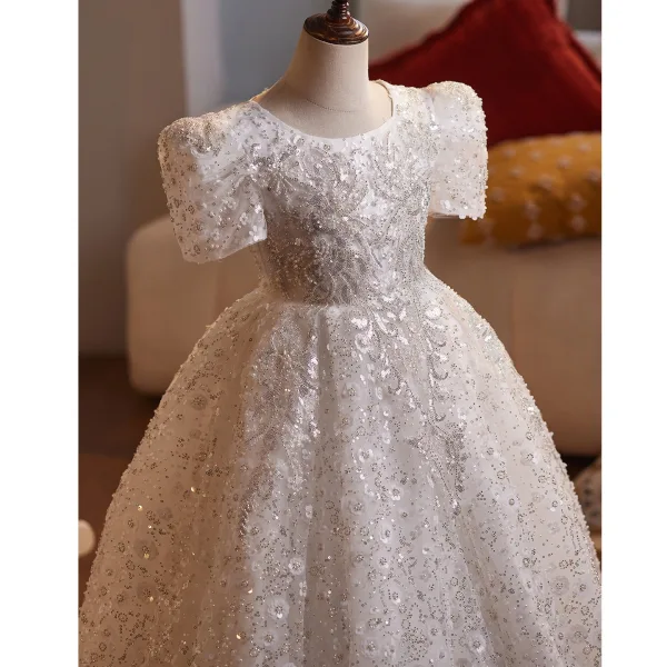 Sparkly Charming White Beading Pearl Sequins Birthday Flower Girl Dresses 2025 Ball Gown Square Neckline Short Sleeve Floor-Length / Long Tulle