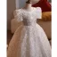 Sparkly Charming White Beading Pearl Sequins Birthday Flower Girl Dresses 2025 Ball Gown Square Neckline Short Sleeve Floor-Length / Long Tulle