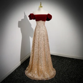 Sparkly Gold Beading Sequins Evening Dresses 2023 A Line Princess Off The Shoulder Puffy Short Sleeve Backless Floor Length Long Formal Dresses