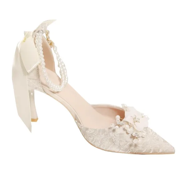 Elegant White Pearl Rhinestone Appliques Wedding Shoes 2024 8 cm Stiletto Heels Pointed Toe Wedding Sandals High Heels