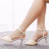 Charming White Pearl Wedding Shoes 2023 6 cm Stiletto Heels Ankle Strap Open / Peep Toe Wedding Sandals High Heels