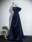 Vintage / Retro Navy Blue Prom Dresses 2026 A-Line / Princess Off-The-Shoulder Short Sleeve Backless Floor-Length / Long Formal Dresses