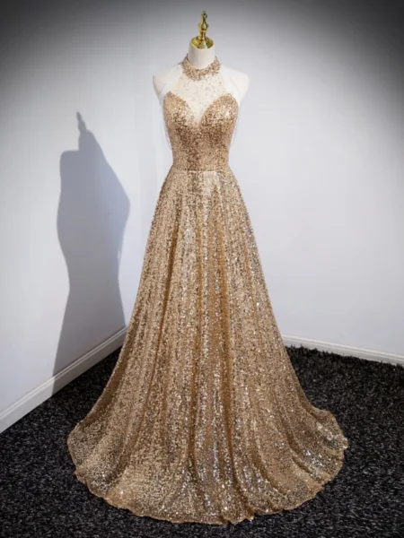 Gold V Neck Sequins Formal Dresses, A Line Sleeveless Sparkly Sweep Train Prom Dresses UQ2573 main image 1