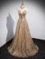Glitzernden Gold Perlenstickerei Pailletten Quaste Ballkleider 2023 A Linie Neckholder Ärmellos Rückenfreies Sweep / Pinsel Zug Festliche Kleider