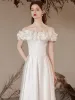 Chic / Beautiful White Homecoming Graduation Dresses Prom Dresses 2023 A-Line / Princess Off-The-Shoulder Ruffle Short Sleeve Satin Backless Tea-length Formal Dresses