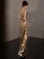 Sexy Doré Paillettes Fendue devant Robe De Soirée 2024 Trompette / Sirène Bretelles Spaghetti Sans Manches Dos Nu Longue Soirée Robe De Ceremonie