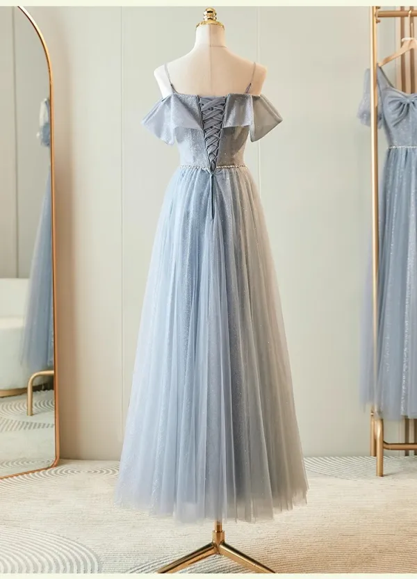 Chic / Belle Gris Perlage Faux Diamant Paillettes Robe Demoiselle D'honneur 2023 Princesse Encolure Carrée Manches Courtes Dos Nu Longue