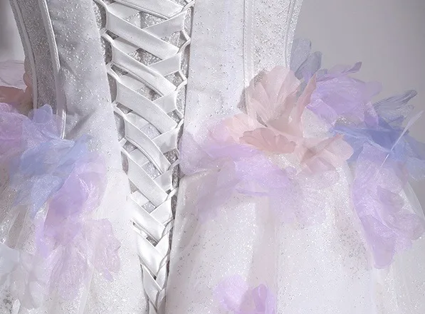 Flower Fairy Multi-Colors Appliques White Prom Dresses 2025 Ball Gown Strapless Sleeveless Backless Court Train Formal Dresses
