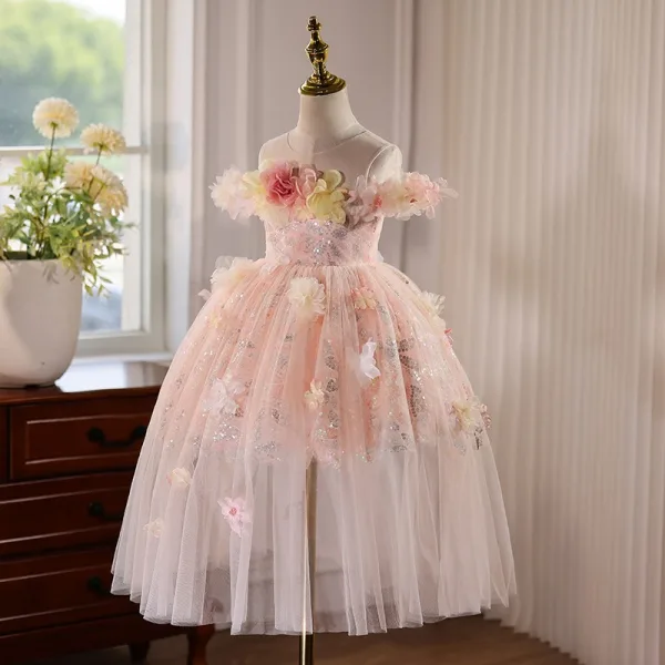 Flower Fairy Blushing Pink Appliques Sequins Birthday Tea-length Flower Girl Dresses 2025 Ball Gown Scoop Neck Short Sleeve