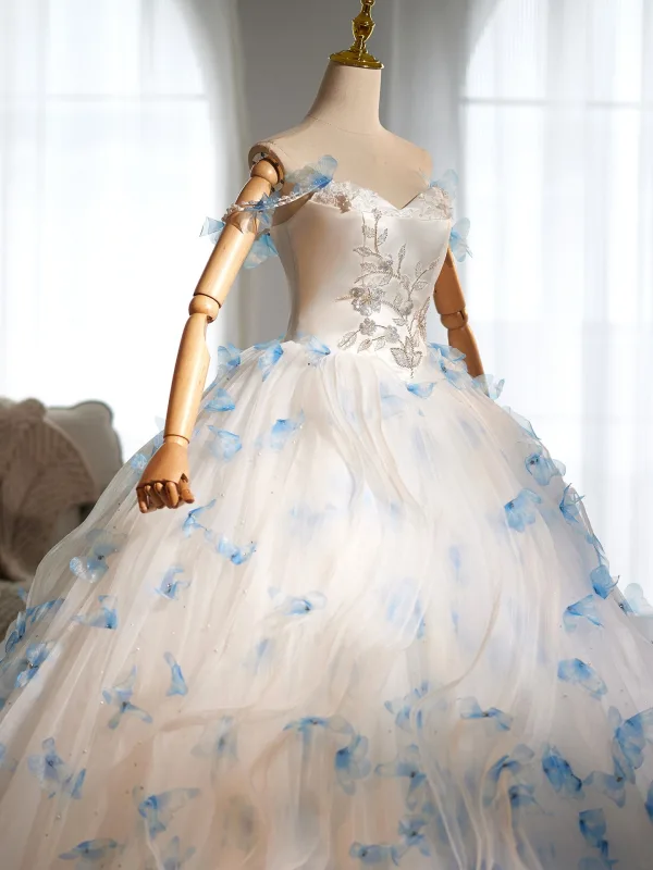 Luxury / Gorgeous White Beading Appliques Sequins Lace Flower Wedding Dresses 2025 Ball Gown Off-The-Shoulder Sleeveless Backless Sweep Train