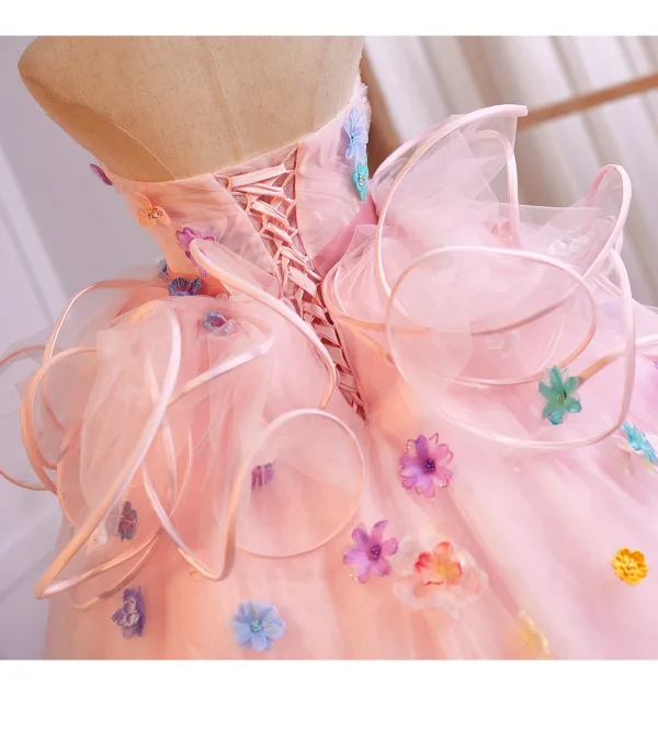 Blumenfee Rosa Multifarben Applikationen Geburtstag Ballkleider 2025 Ballkleid Bandeau Ärmellos Rückenfreies Sweep / Pinsel Zug Festliche Kleider