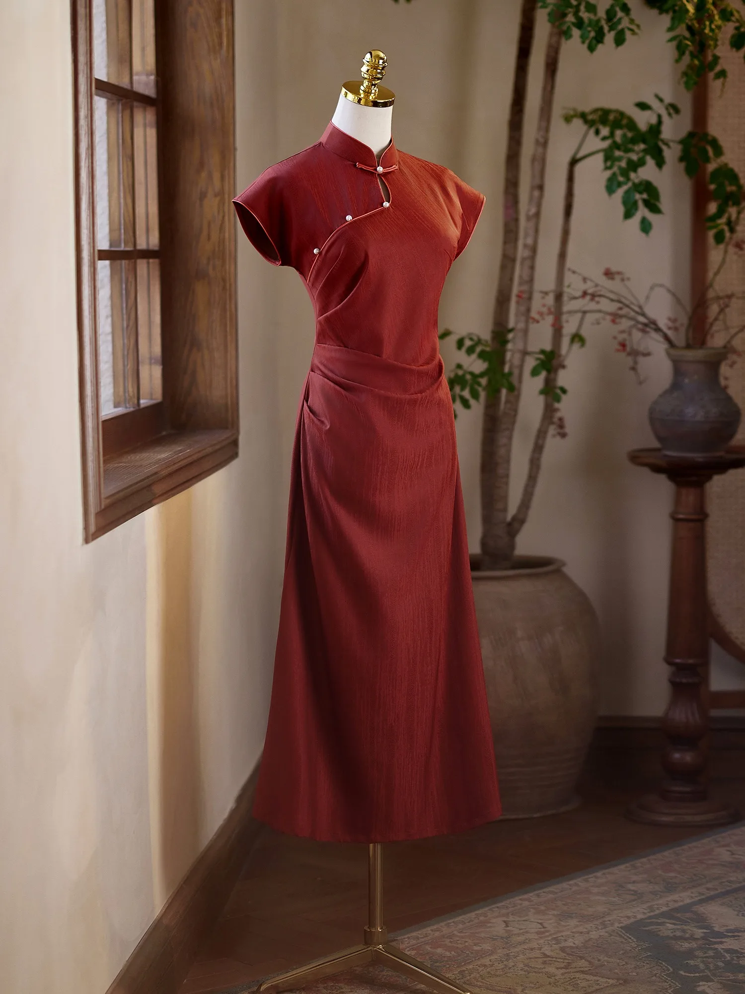 burgundy chinese dress Burgundy Jacquard Floral A-Line Qipao Cheongsam Dress