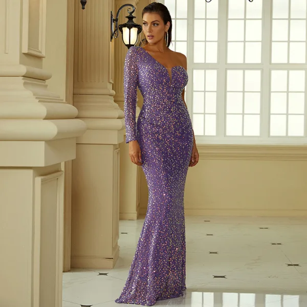 Sexy Grape Paillettes Robe De Soirée 2022 Trompette / Sirène Une épaule Manches Longues Dos Nu Longue Soirée Robe De Ceremonie