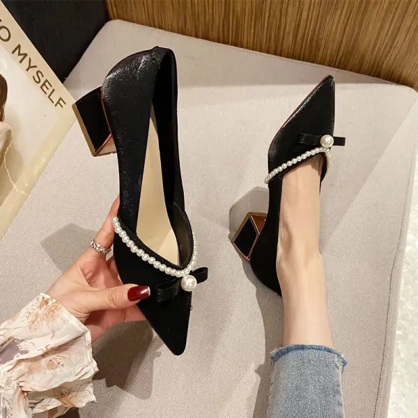 Schöne Burgunderrot Abend Perle Schleife Pumps 2022 5 cm Thick Heels Spitzschuh Pumps Hochhackige