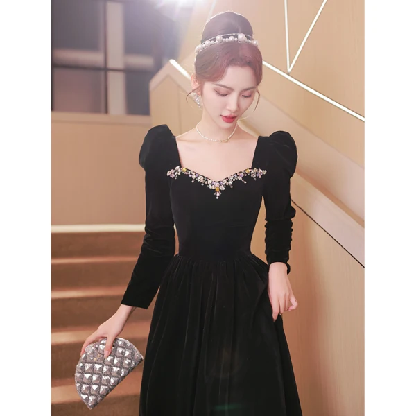 Elegante Schwarz Wildleder Abendkleider 2023 A Linie Eckiger Ausschnitt Strass Lange Ärmel Rückenfreies Schleife Lange Abend Festliche Kleider