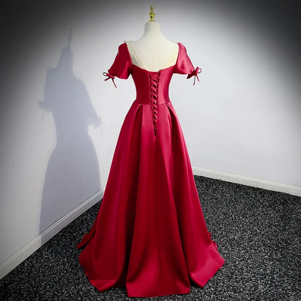 Elegant Burgundy Satin Prom Dresses 2022 A-Line / Princess Scoop Neck Short Sleeve Backless Bow Floor-Length / Long Formal Dresses