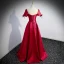 Elegant Burgundy Satin Prom Dresses 2022 A-Line / Princess Scoop Neck Short Sleeve Backless Bow Floor-Length / Long Formal Dresses