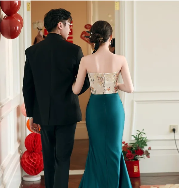 Vintage / Retro Ink Blue Lace Flower Prom Dresses 2024 Trumpet / Mermaid Strapless Sleeveless Backless Sweep Train Prom Formal Dresses