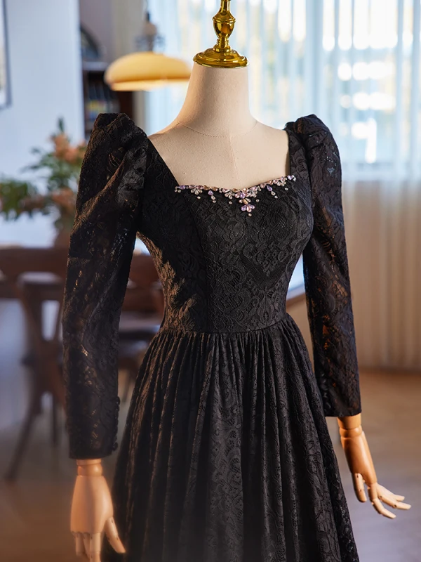 Vintage / Retro Black Lace Rhinestone Prom Dresses 2024 A-Line / Princess Square Neckline Long Sleeve Backless Floor-Length / Long Prom Formal Dresses