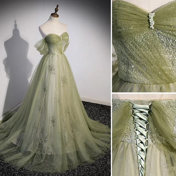Charming Sage Green Beading Pearl Sequins Prom Dresses 2022 A-Line / Princess Off-The-Shoulder Short Sleeve Backless Prom Floor-Length / Long Formal Dresses