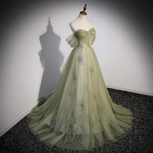 Charming Sage Green Beading Pearl Sequins Prom Dresses 2022 A-Line / Princess Off-The-Shoulder Short Sleeve Backless Prom Floor-Length / Long Formal Dresses