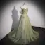 Charming Sage Green Beading Pearl Sequins Prom Dresses 2022 A-Line / Princess Off-The-Shoulder Short Sleeve Backless Prom Floor-Length / Long Formal Dresses