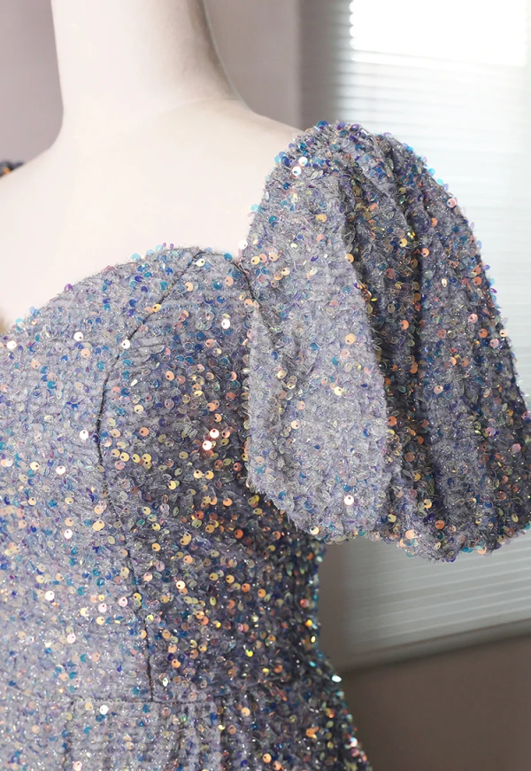 Sparkly Grey Beading Sequins Prom Dresses 2024 Trumpet / Mermaid Square Neckline Short Sleeve Backless Floor-Length / Long Prom Formal Dresses