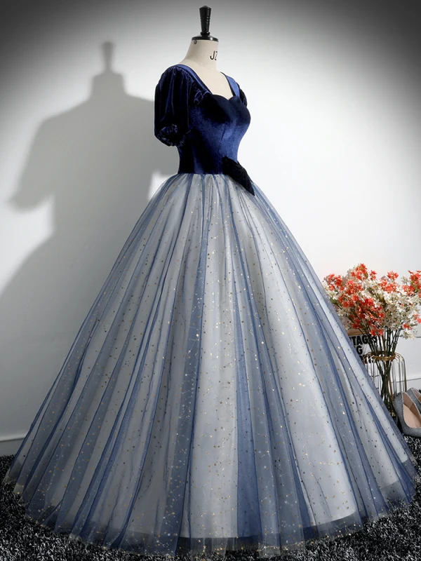 Élégant Bleu Marine Étoile Paillettes Noeud Robe De Bal 2024 Robe Boule Encolure Carrée Manches Courtes Dos Nu Longue Promo Robe De Ceremonie