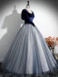 Élégant Bleu Marine Étoile Paillettes Noeud Robe De Bal 2024 Robe Boule Encolure Carrée Manches Courtes Dos Nu Longue Promo Robe De Ceremonie