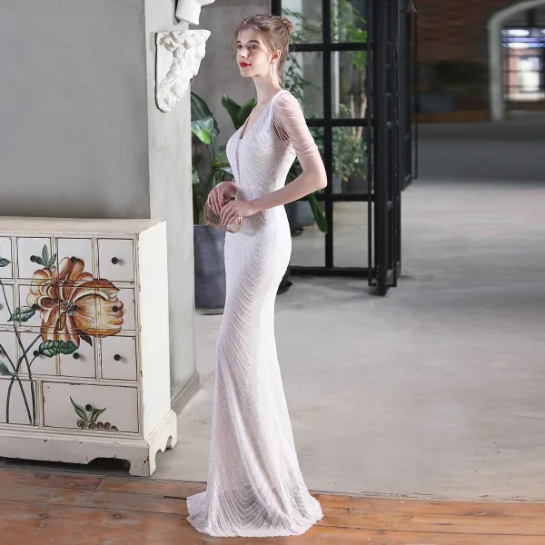 Charming White Beading Sequins Evening Dresses 2023 Trumpet / Mermaid V-Neck Sleeveless Backless Floor-Length / Long Evening Party Formal Dresses